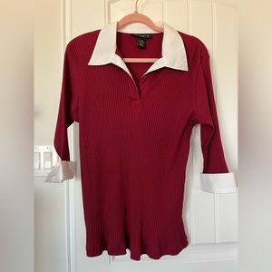Lane Bryant Venezia Collar Top Long sleeve ribbed dark red white cuffs Y2K retro